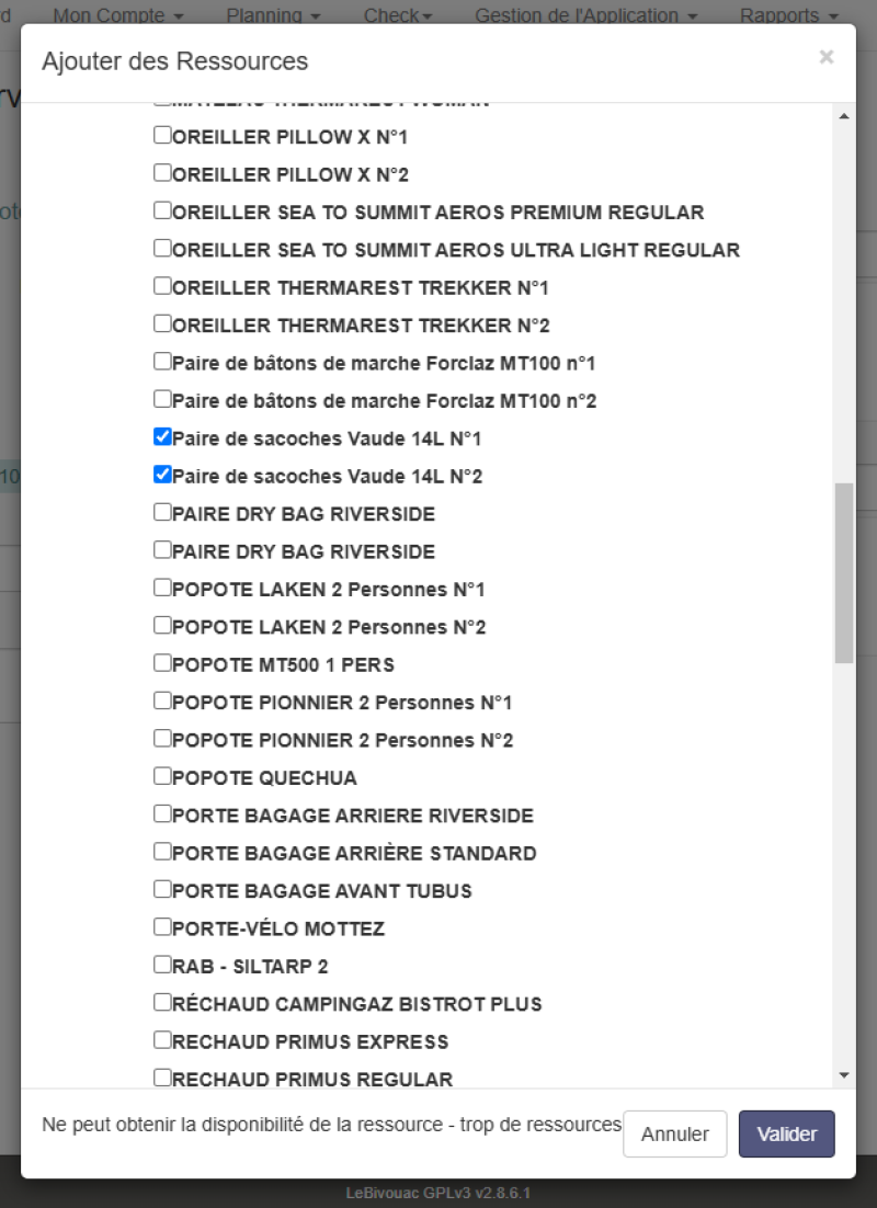 Création réservation : choix des ressources
