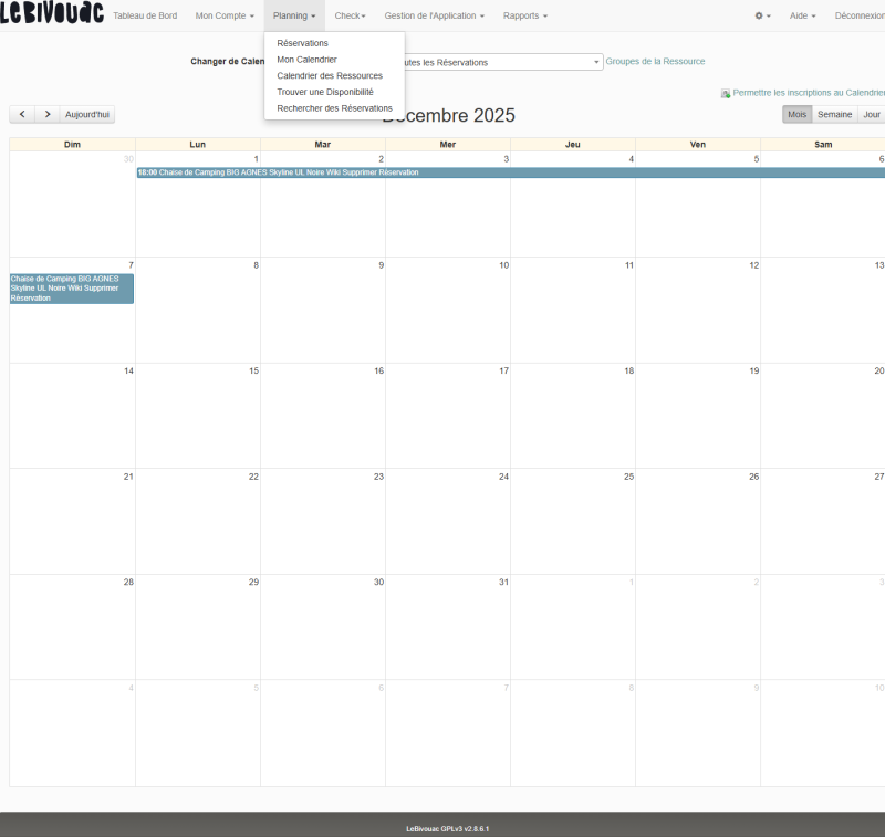 Suppression réservation : choix calendrier