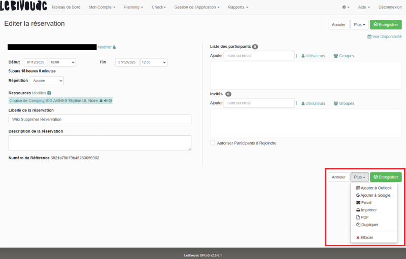 Suppression réservation : bouton effacer