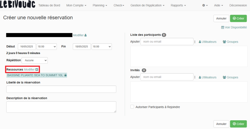 Création réservation : modification ressources Création réservation : modification ressources